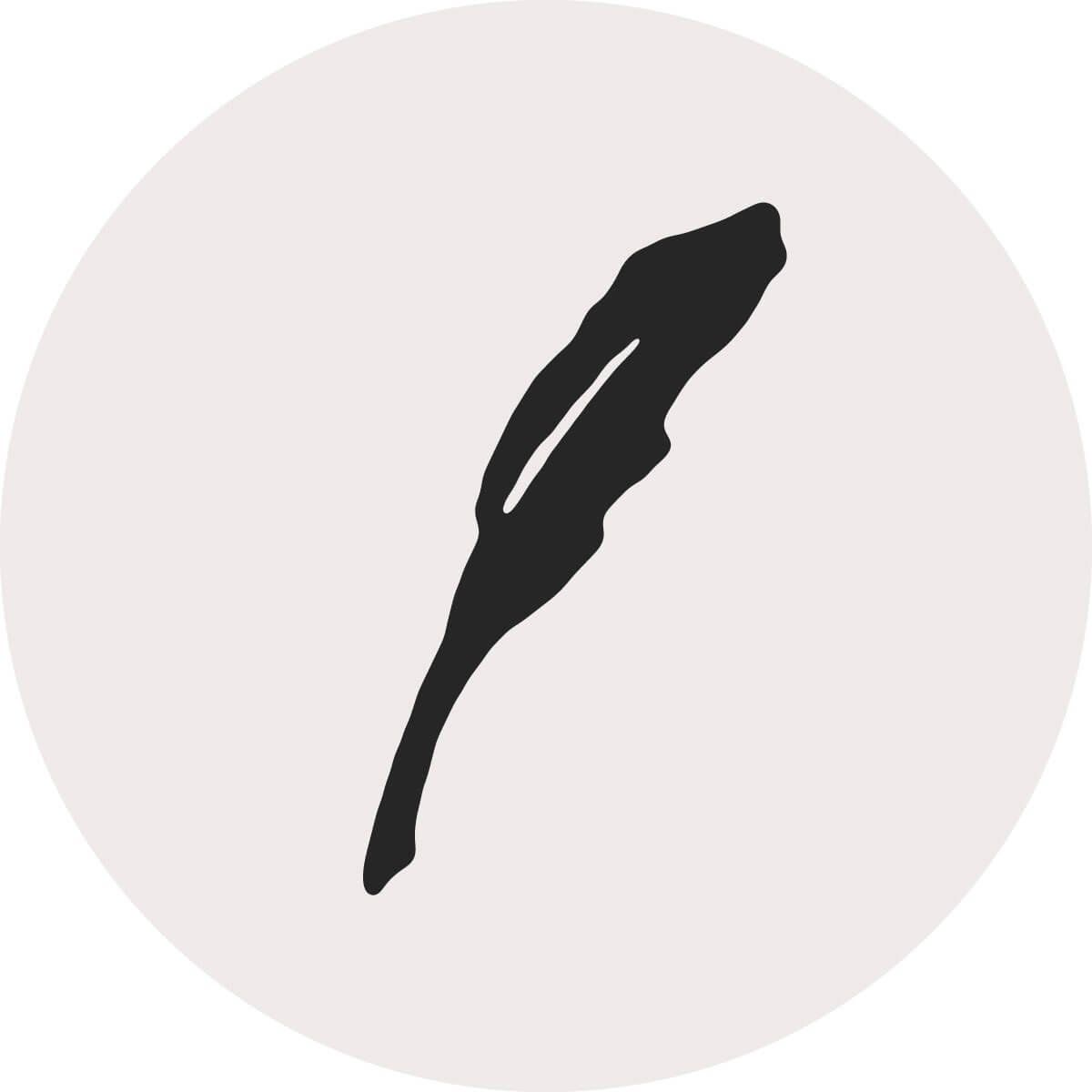 A black drawn image of a single feather quill positioned upright.