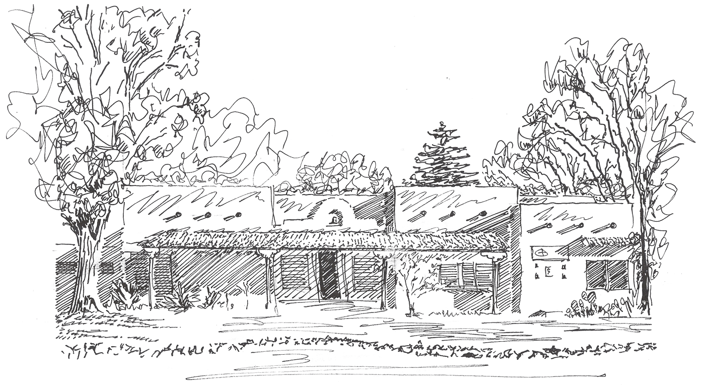 A hand drawn image of the front of the Center for Action and Contemplation adobe home at 1705 Five Points Rd. SW.